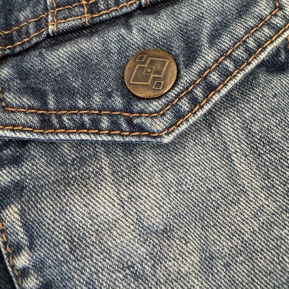 Free People crochet jeans Vest Jacket distressed Macrame Cargo Moody Blue Combo - Picture 9 of 11